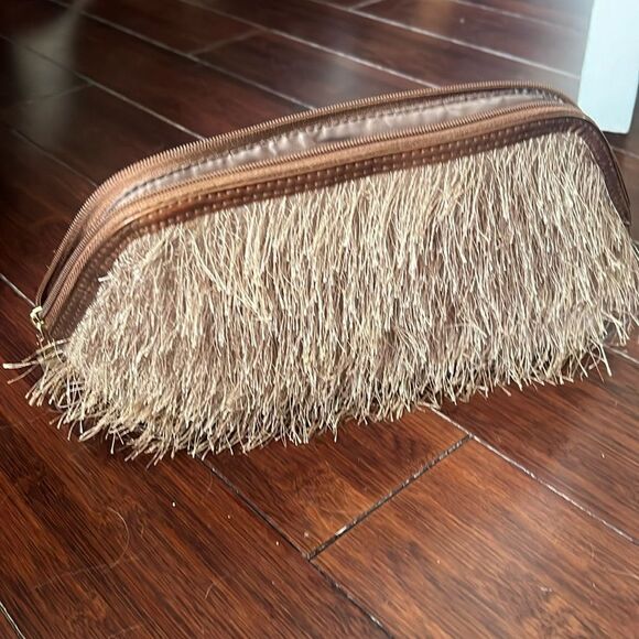 Small Thin Clutch or Makeup Bag BRAND NEW Never Used Tan Fringy Small Accessory - Picture 1 of 3